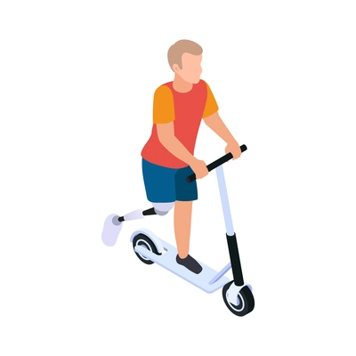 Disabled people isometric composition with human character of boy with artificial leg riding kick scooter vector illustration