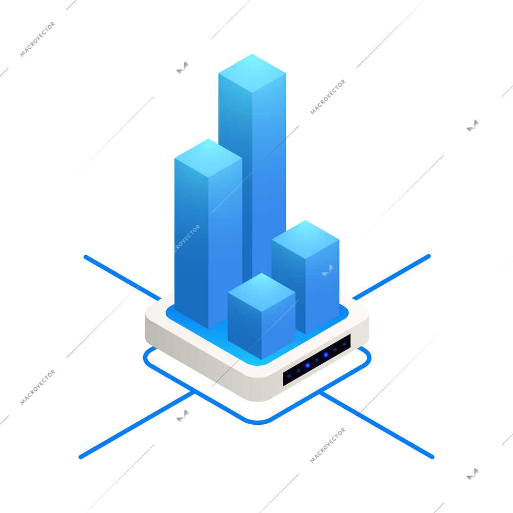 Big data analysis isometric icons composition with images of blue infographic bars vector illustration