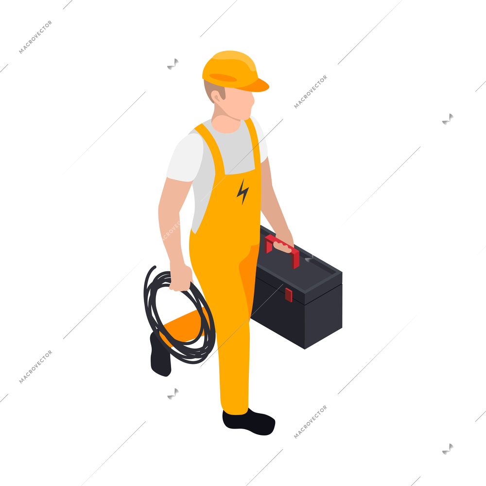 Electricity isometric icons composition with isolated character of walking handyman with toolbox vector illustration