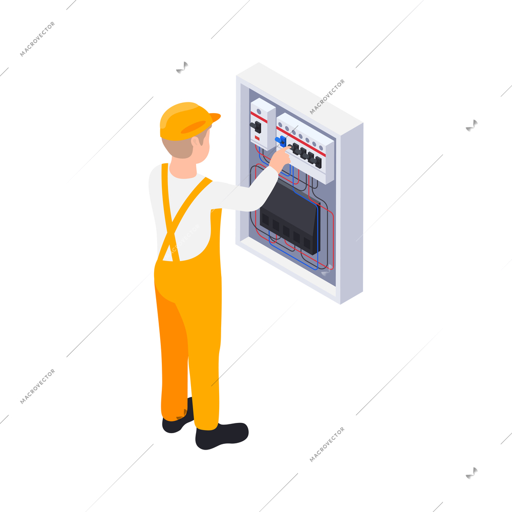 Electricity isometric icons composition with isolated image of electric power panel and character of electrician vector illustration