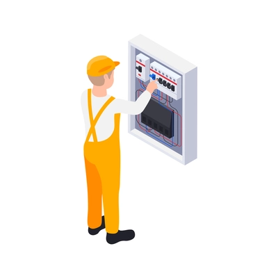 Electricity isometric icons composition with isolated image of electric power panel and character of electrician vector illustration