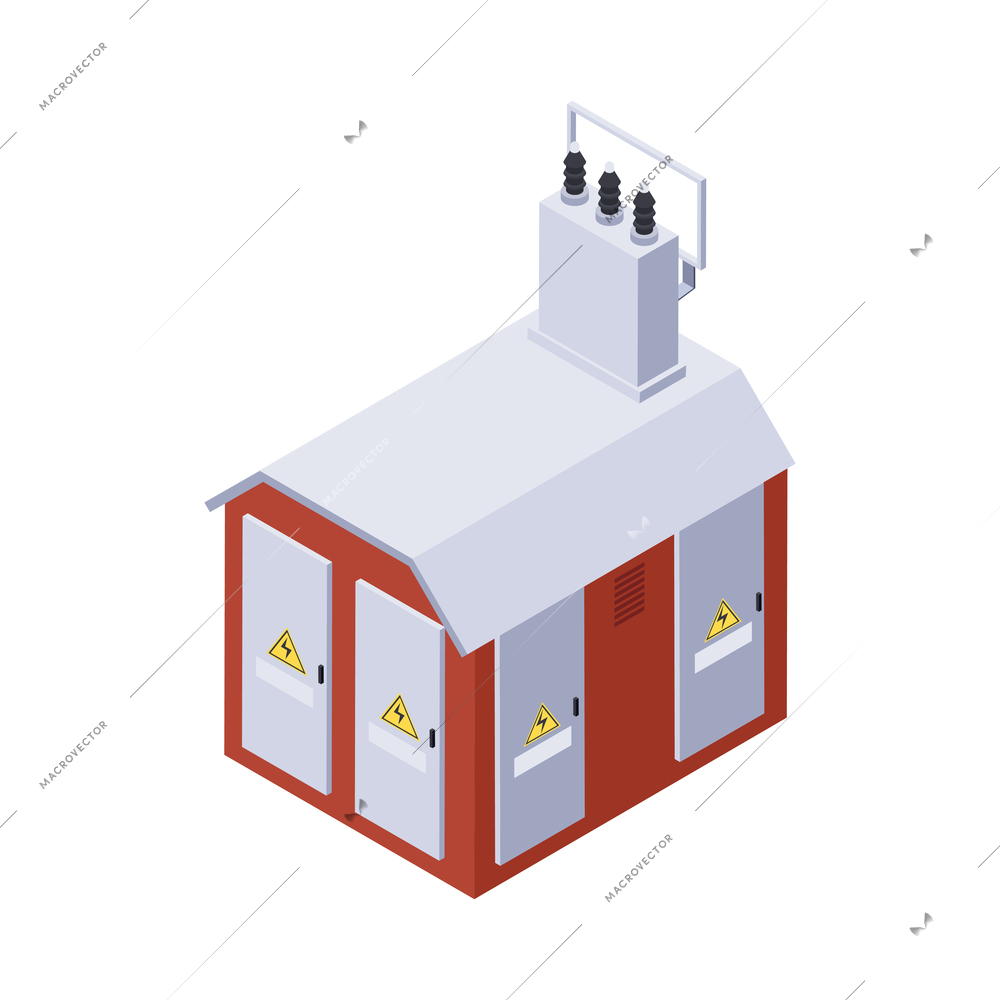 Electricity isometric icons composition with isolated image of electric power unit building vector illustration
