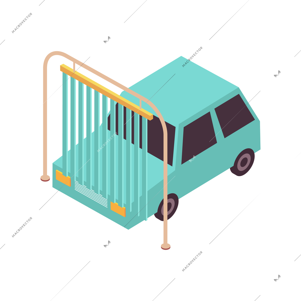 Car wash isometric composition with image of car and frame with sprays of water vector illustration