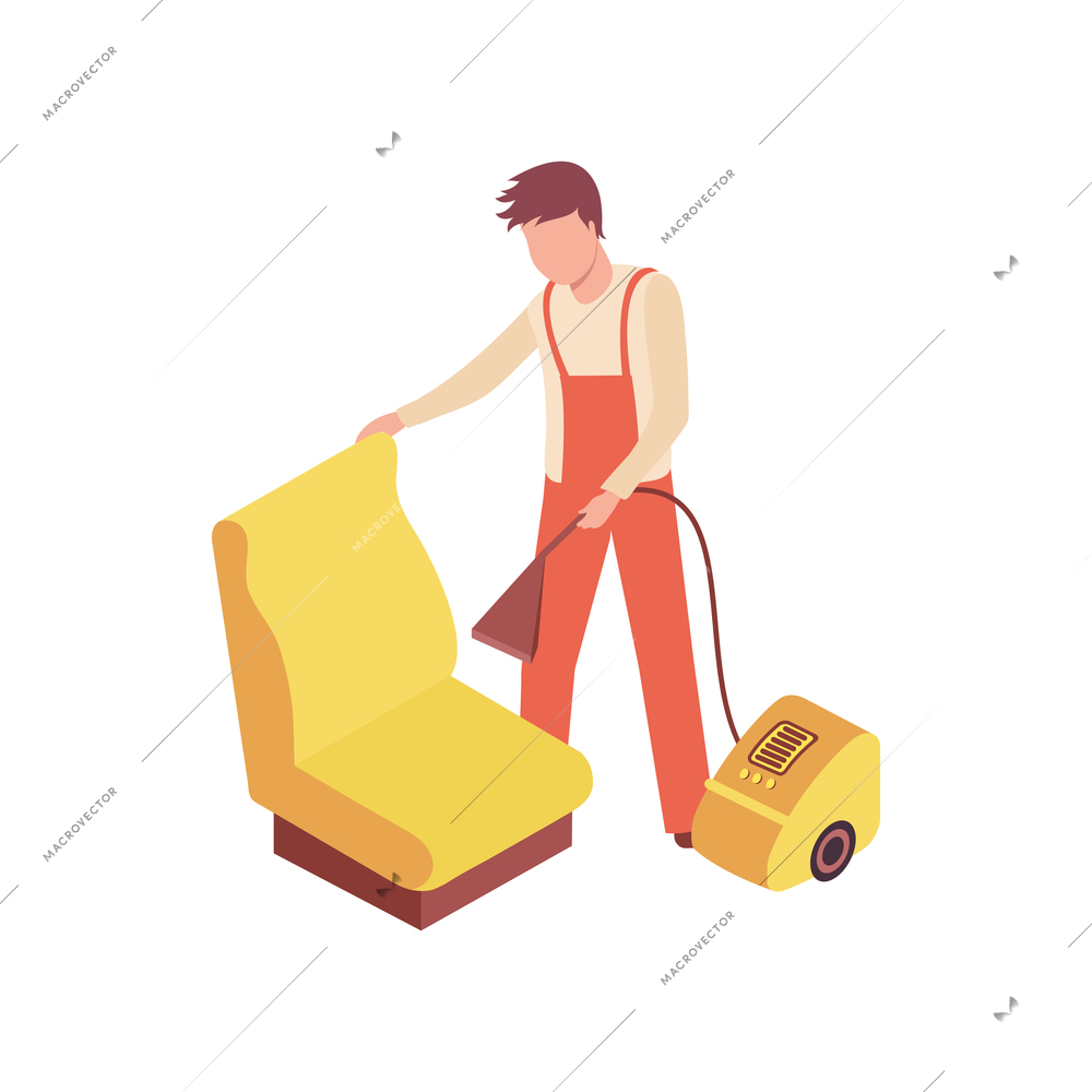 Car wash isometric composition with character of male worker washing car seat vector illustration