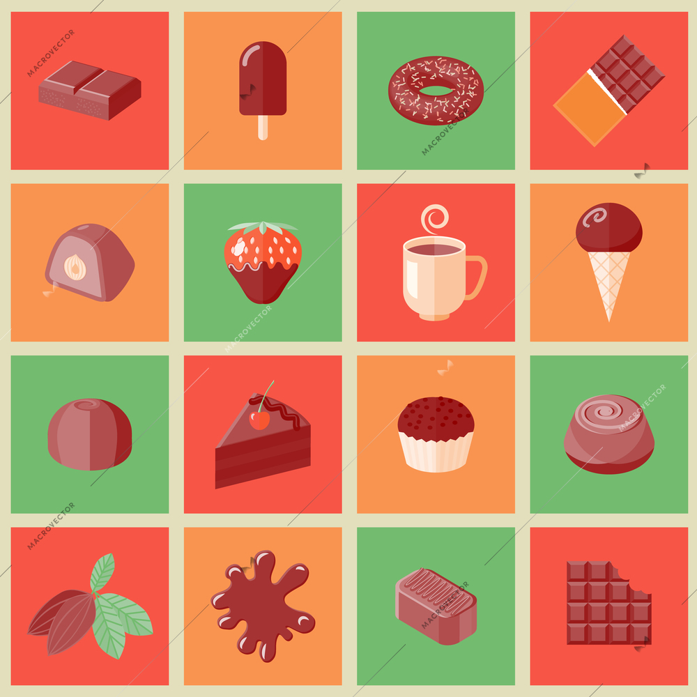 Chocolate dessert chips cacao bars flat icons set isolated vector illustration