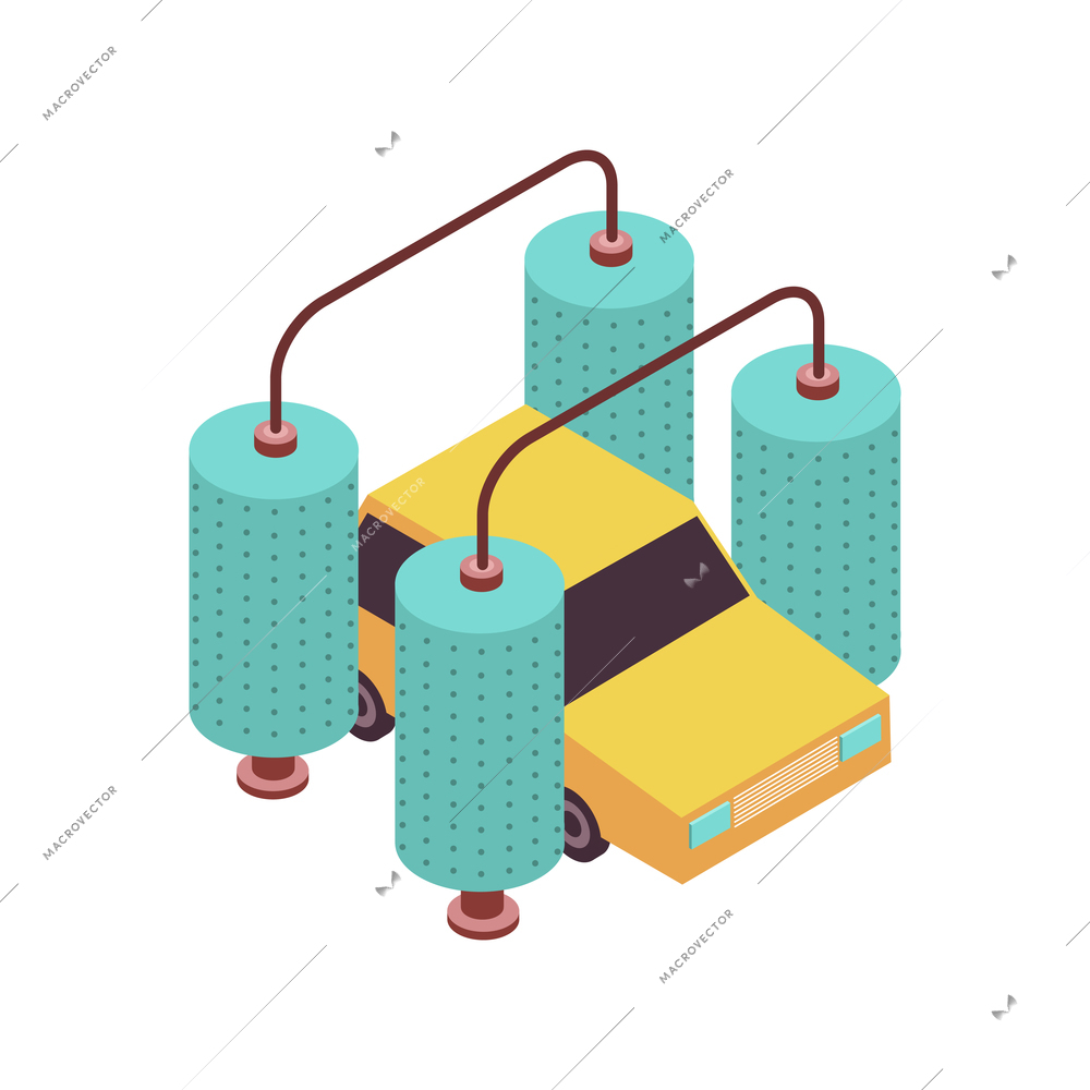 Car wash isometric composition with image of car and washing rig with rotating cylinders vector illustration