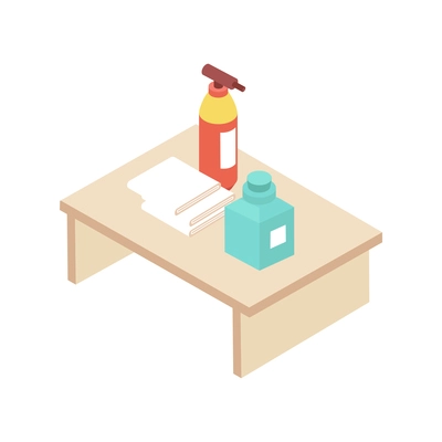 Car wash isometric composition with stack of towels and bottles of detergent sprays on table vector illustration
