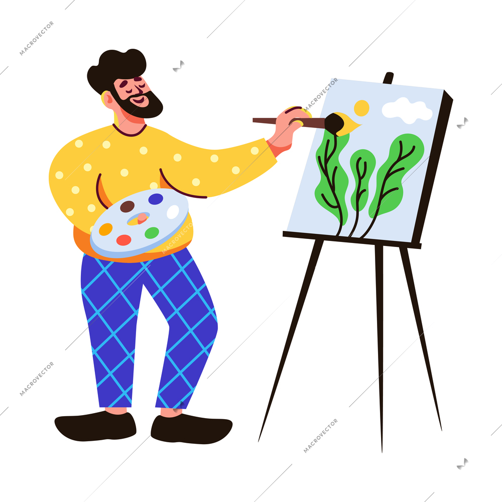 Hobbies leisure activity pastime people composition with male painter drawing picture on easel vector illustration