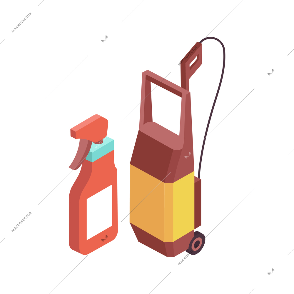 Car wash isometric composition with wheel cart and pipe with spray bottle vector illustration