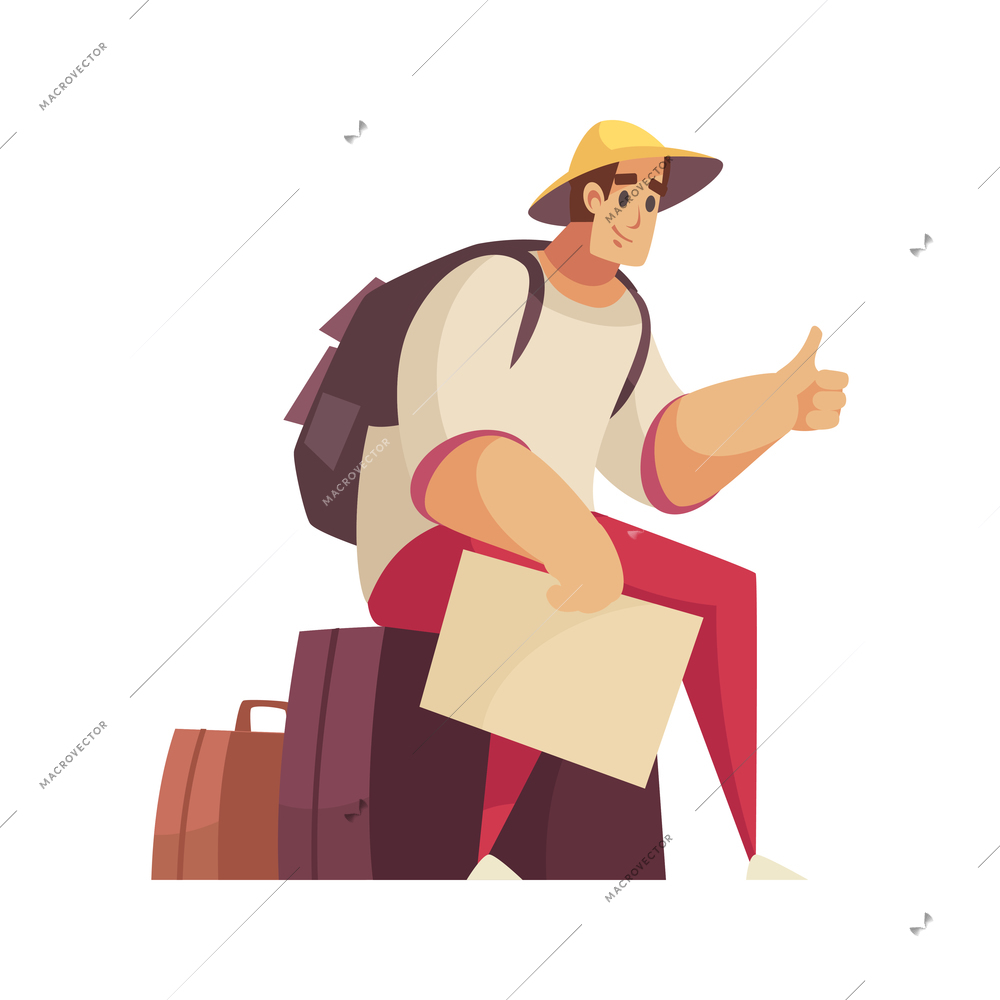 Hitchhiking autostop composition with doodle style character of traveling person vector illustration