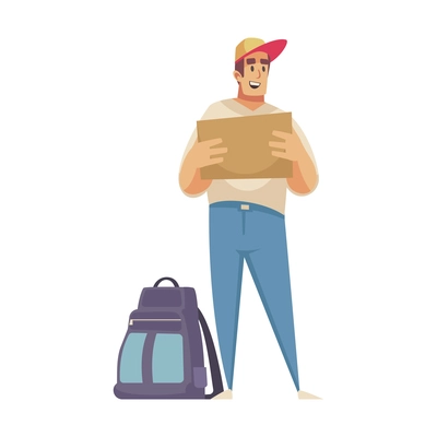 Hitchhiking autostop composition with doodle style character of traveling man with backpack vector illustration