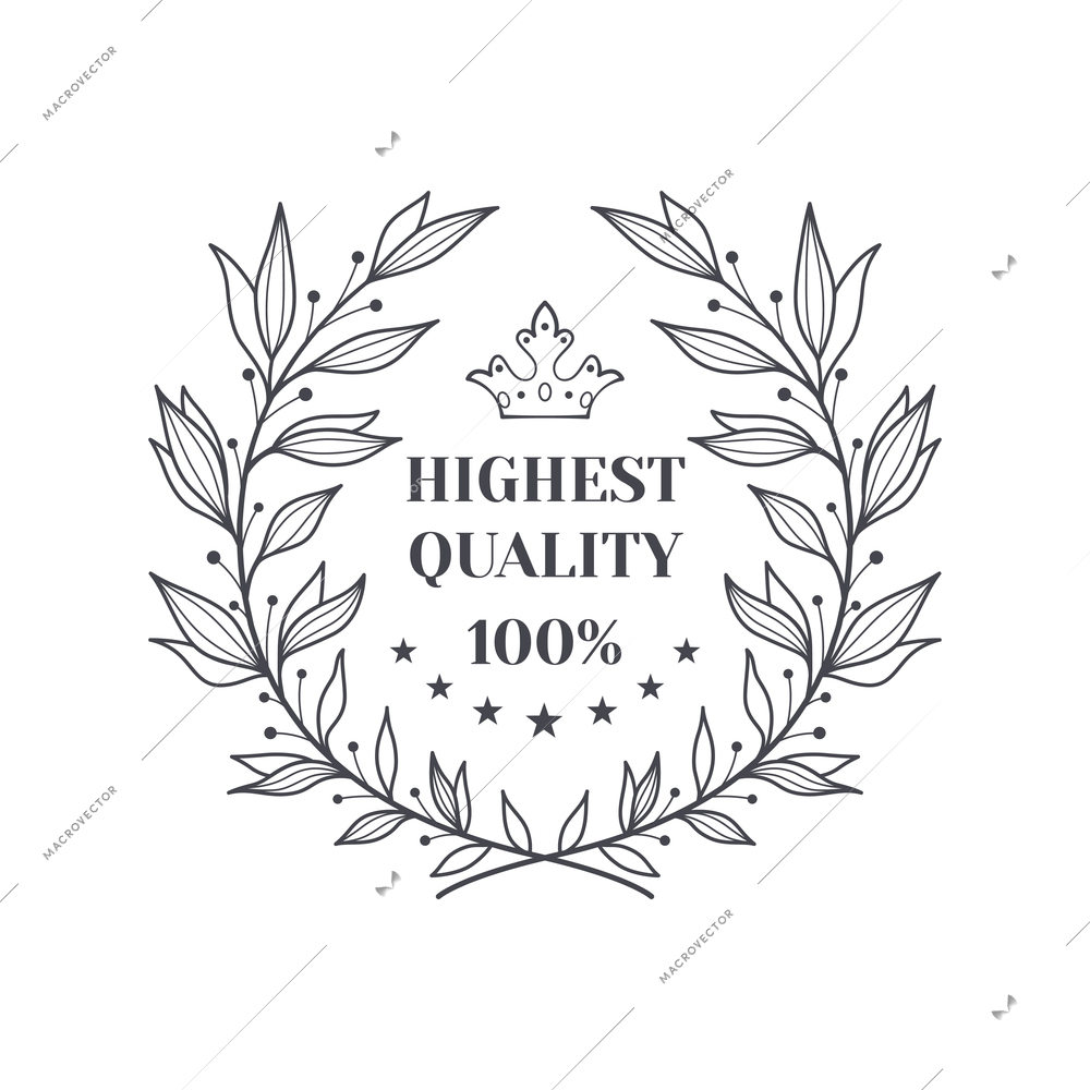 Premium monochrome emblem realistic composition with ornate text and laurel wreath isolated vector illustration