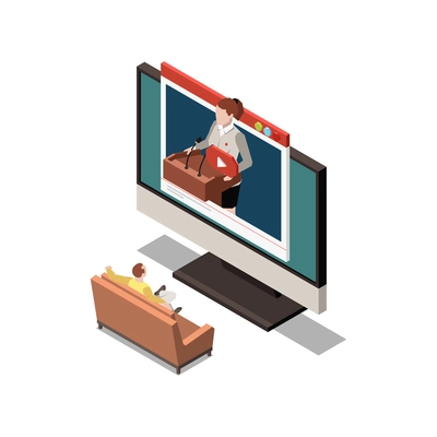 Online education isometric concept icons composition with isolated image of desktop computer with people vector illustration