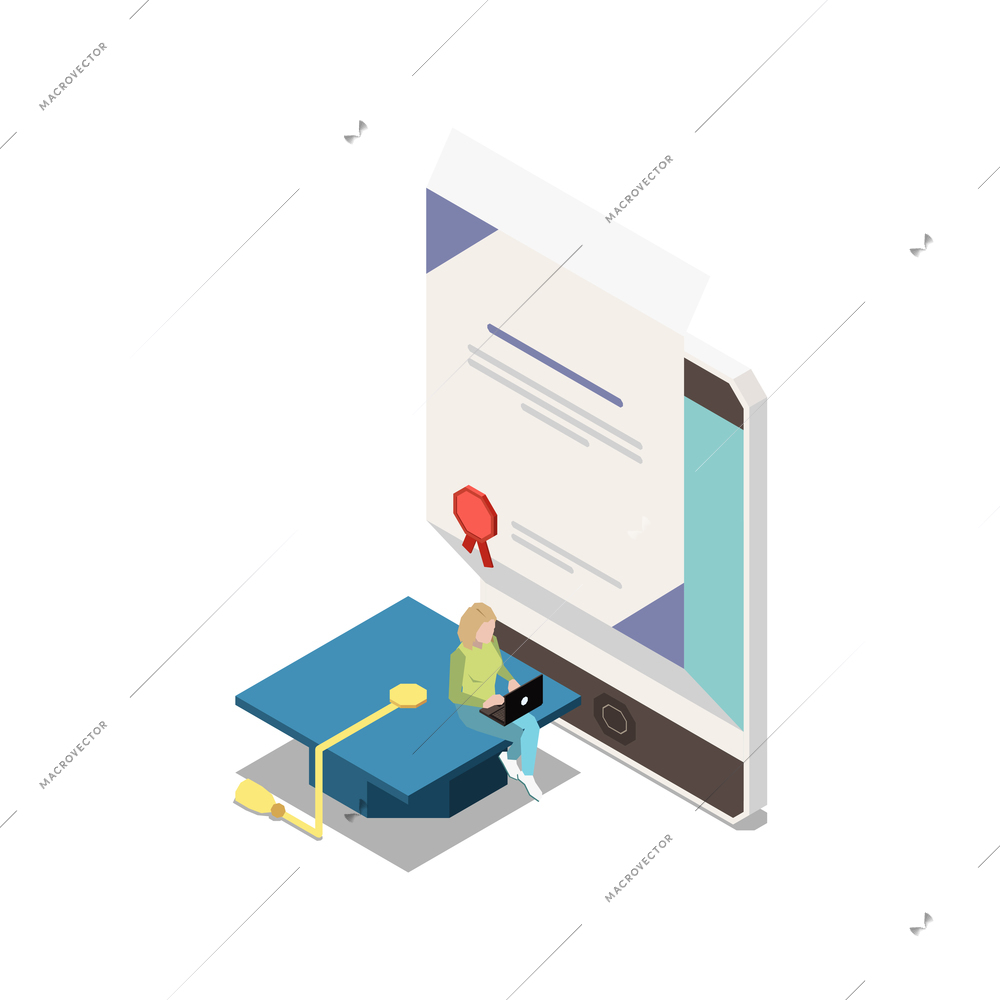 Online education isometric concept icons composition with isolated image of tablet with diploma certificate and academic hat vector illustration