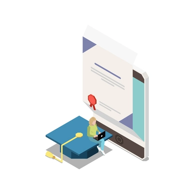 Online education isometric concept icons composition with isolated image of tablet with diploma certificate and academic hat vector illustration