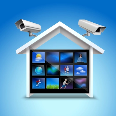 Video security concept with house and surveillance cameras 3d realistic vector illustration