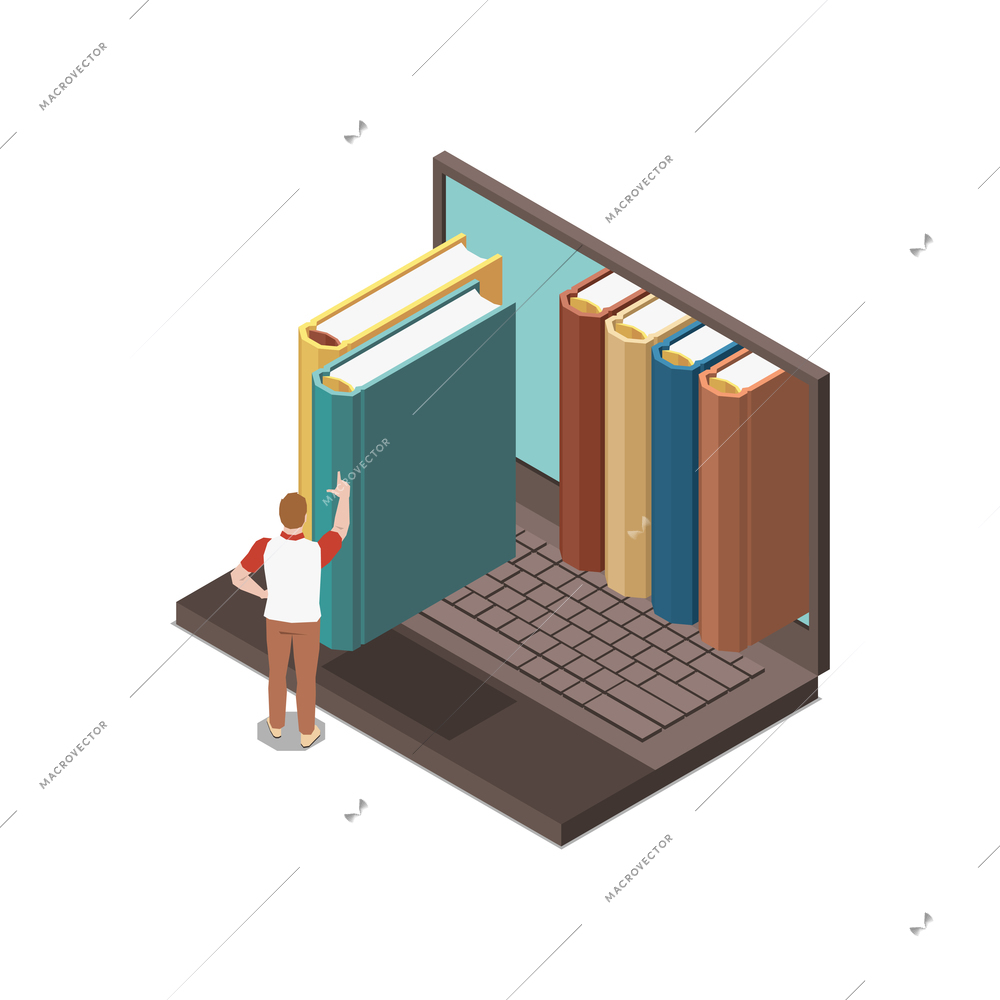 Online education isometric concept icons composition with isolated image of laptop with books and human character vector illustration