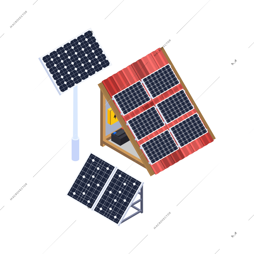 Electricity isometric icons composition with isolated image of solar batteries set with roof section vector illustration