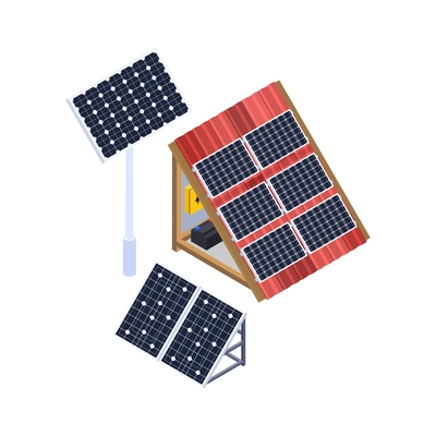 Electricity isometric icons composition with isolated image of solar batteries set with roof section vector illustration