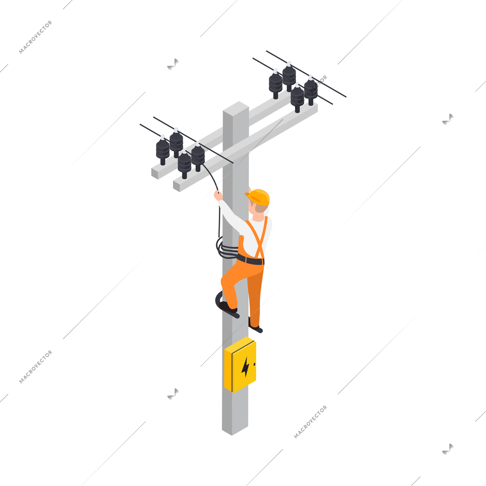 Electricity isometric icons composition with male character of electrician climbing up post vector illustration