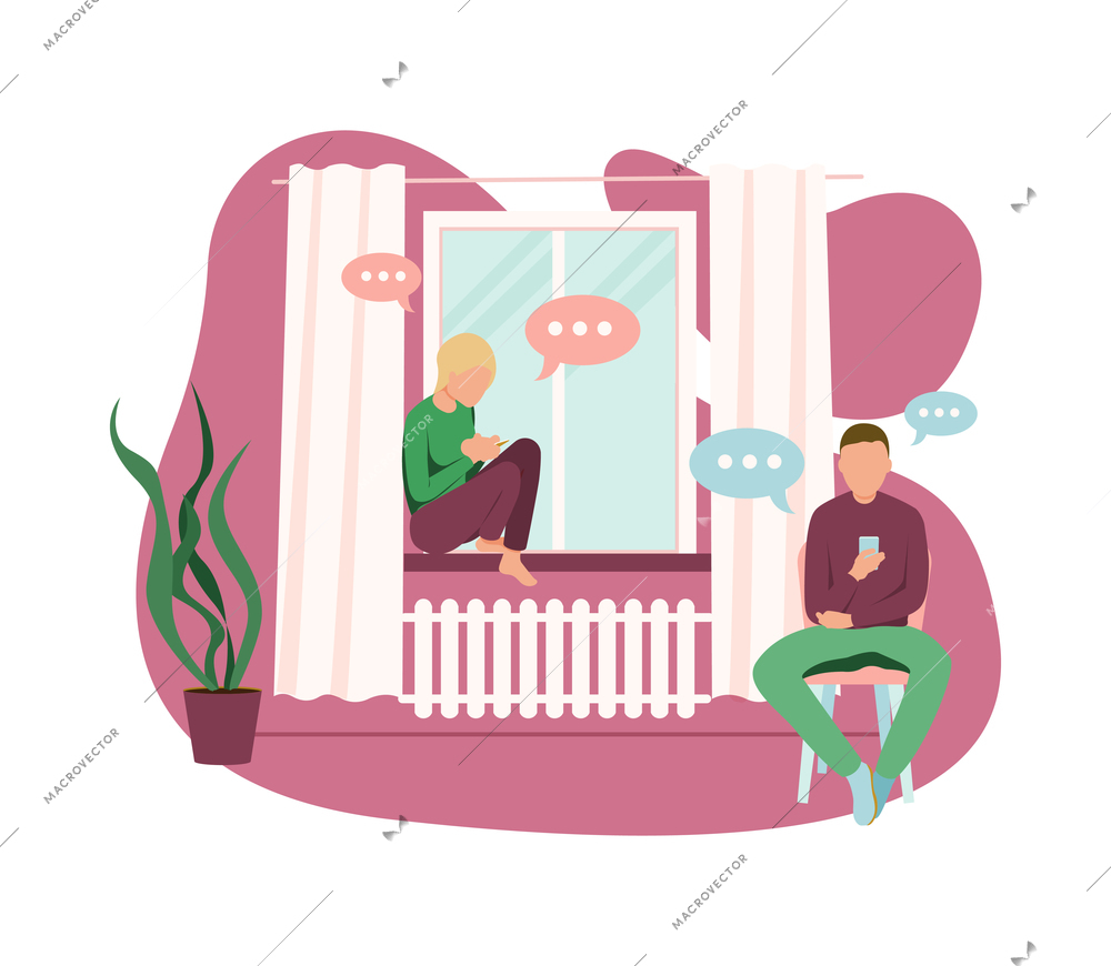 People with gadgets flat composition with home scenery and people with smartphones and chat bubbles vector illustration