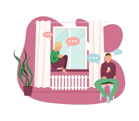People with gadgets flat composition with home scenery and people with smartphones and chat bubbles vector illustration