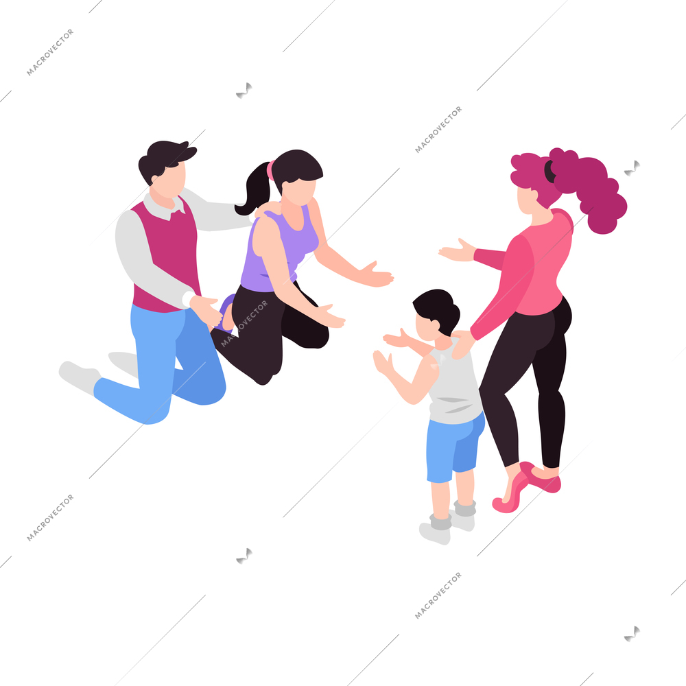 Isometric surrogacy adoption custody composition with characters of agent and parents adopting small boy vector illustration