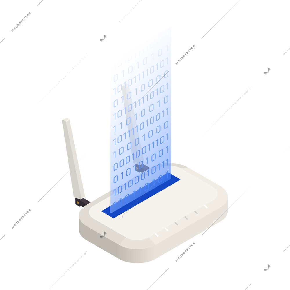 Big data analysis isometric icons composition with image of wireless router and holographic ribbon with binary code vector illustration