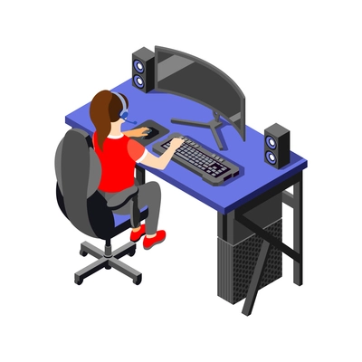 Cybersport isometric composition with characters of female player at computer table vector illustration