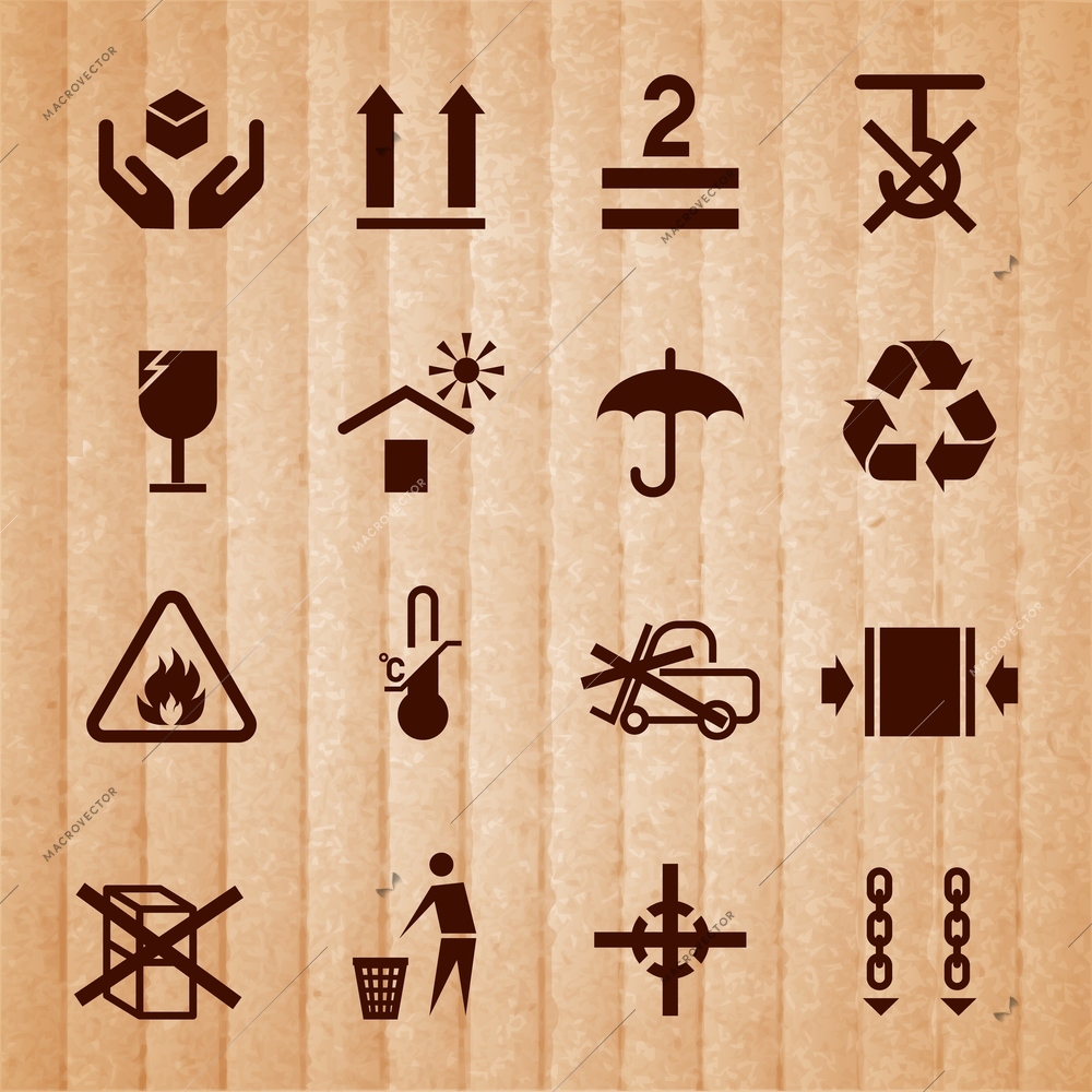 Handling and packing icons set with temperature limitation flammable no stack symbols isolated on cardboard background vector illustration