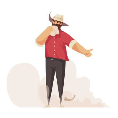 Hitchhiking autostop composition with doodle style character of traveling cowboy with dust clouds vector illustration