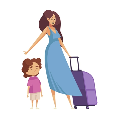 Hitchhiking autostop composition with doodle style character of traveling mother with little daughter vector illustration