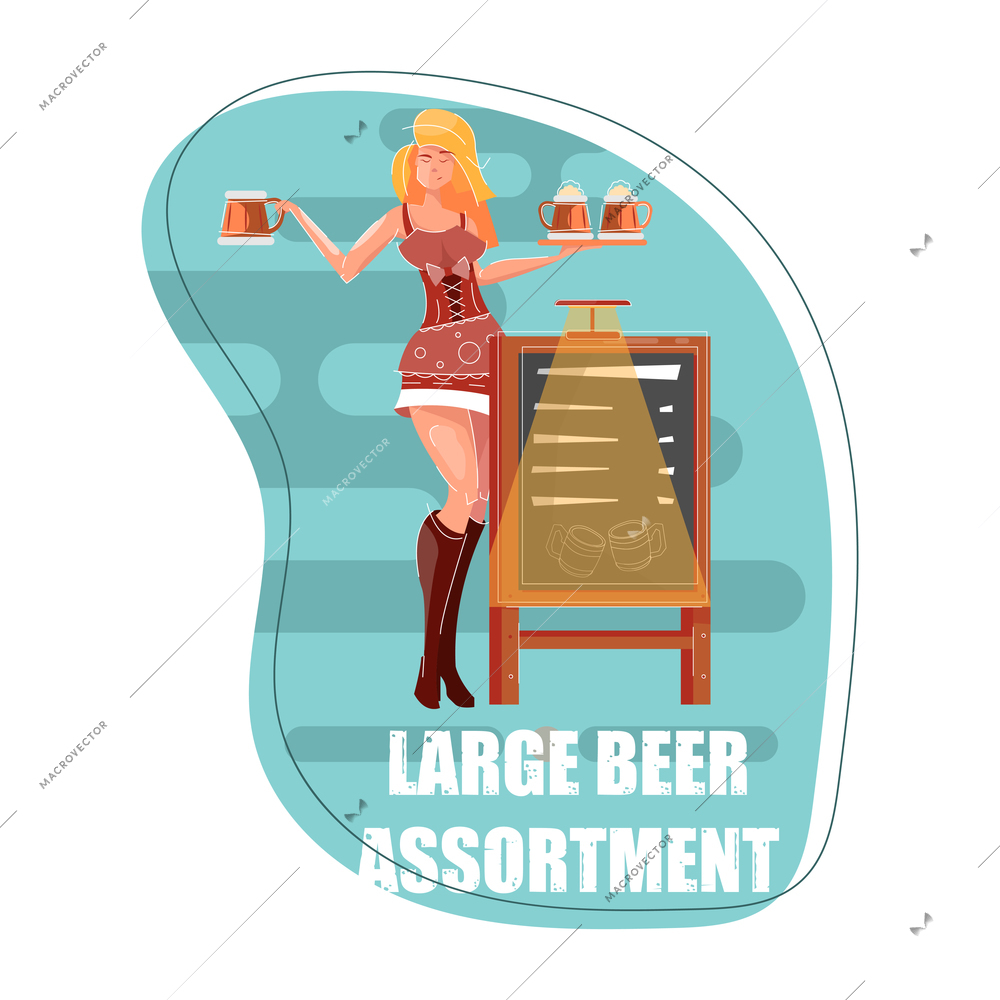 Beer composition with editable text and sexy female waiter holding tray with beer glasses vector illustration