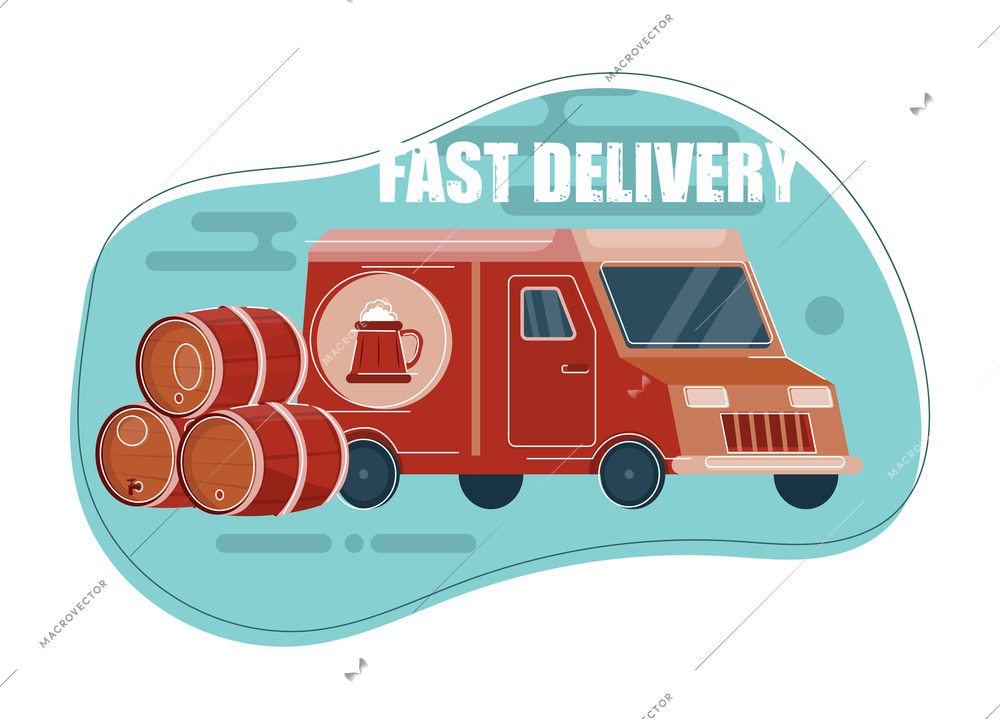 Beer composition with editable text and beer truck with stack of wooden barrels vector illustration