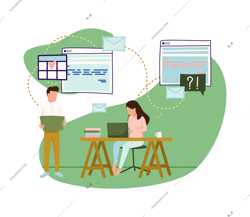 People with gadgets flat composition with people using laptops exchanging files and documents vector illustration