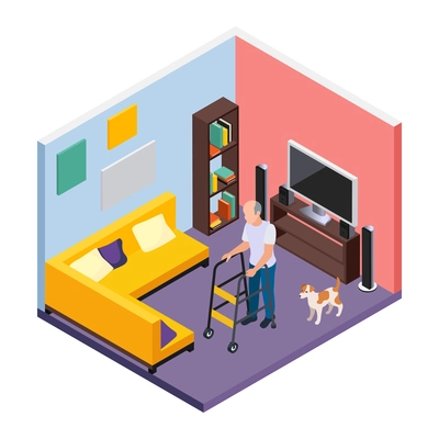 Disabled people isometric composition with human character of elderly man with wheel crutches in home interior with dog vector illustration