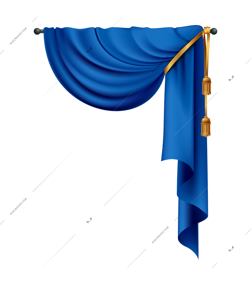 Realistic blue curtains composition with isolated image of luxury curtain with golden tie vector illustration