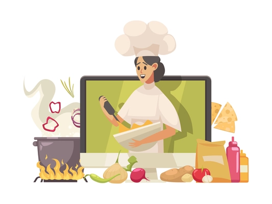 Video blogger composition with desktop computer and character of cooking female blogger with food and kitchenware vector illustration