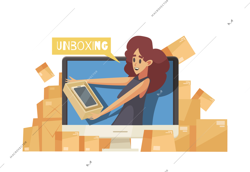 Video blogger composition with desktop computer and character of gadget unboxing female blogger vector illustration
