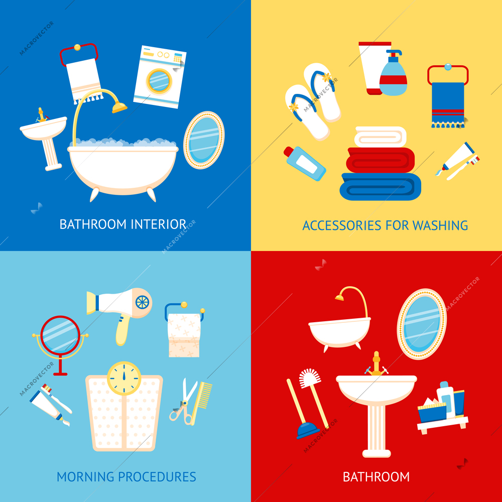 Bathroom flat colored icons set with interior accessories for washing morning procedures isolated vector illustration