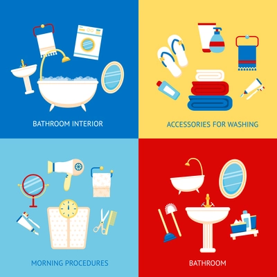 Bathroom flat colored icons set with interior accessories for washing morning procedures isolated vector illustration