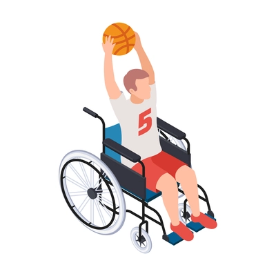 Disabled people isometric composition with male character of basketball player holding ball on wheelchair vector illustration