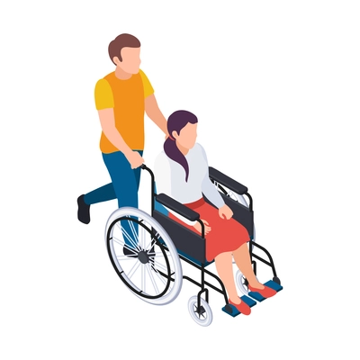 Disabled people isometric composition with male character pushing wheelchair with sitting woman vector illustration