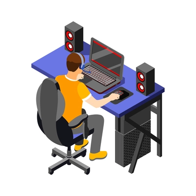 Cybersport isometric composition with characters of male player at computer table vector illustration