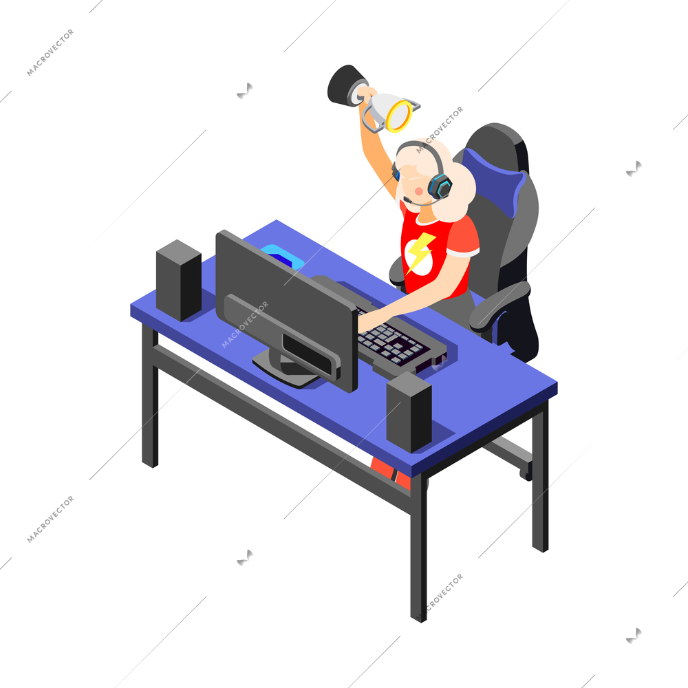 Cybersport isometric composition with character of happy female player at computer table vector illustration