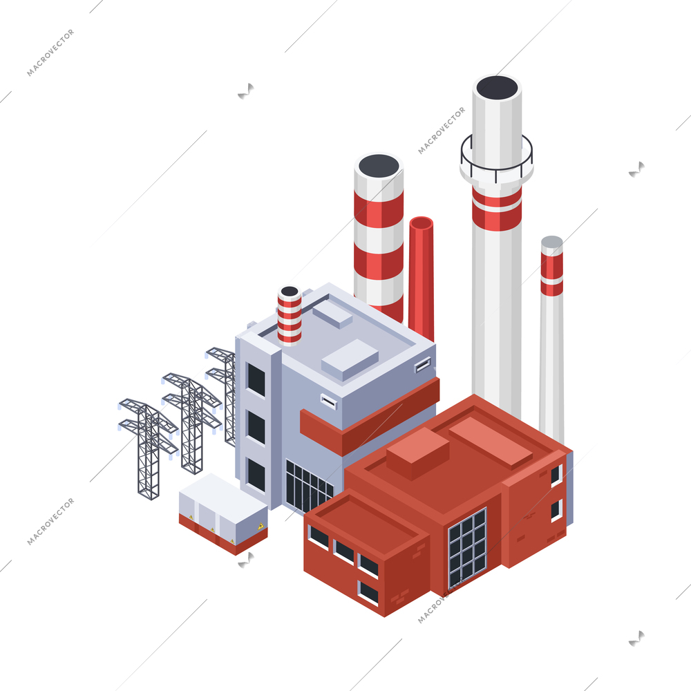 Electricity isometric icons composition with isolated image of electric power plant vector illustration