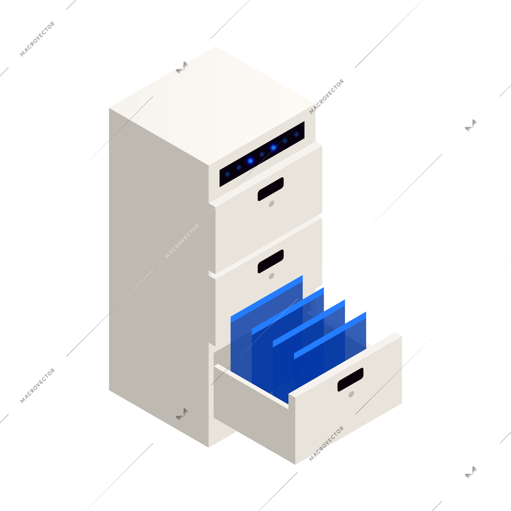 Big data analysis isometric icons composition with image of office cabinet shaped server with blue folders vector illustration