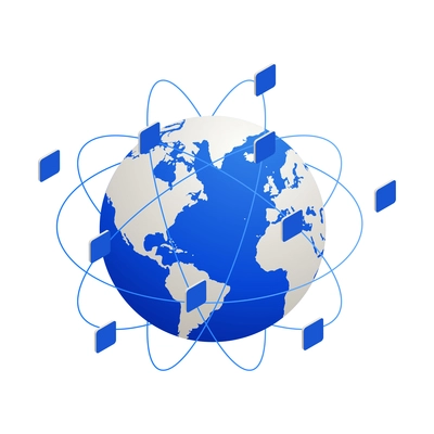 Big data analysis isometric icons composition with image of earth globe surrounded by connection lines vector illustration