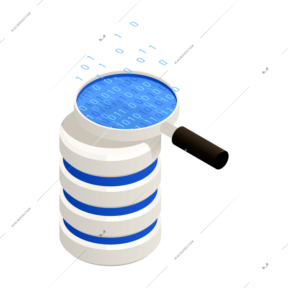 Big data analysis isometric icons composition with image of server capsule and hand lens with binary code vector illustration