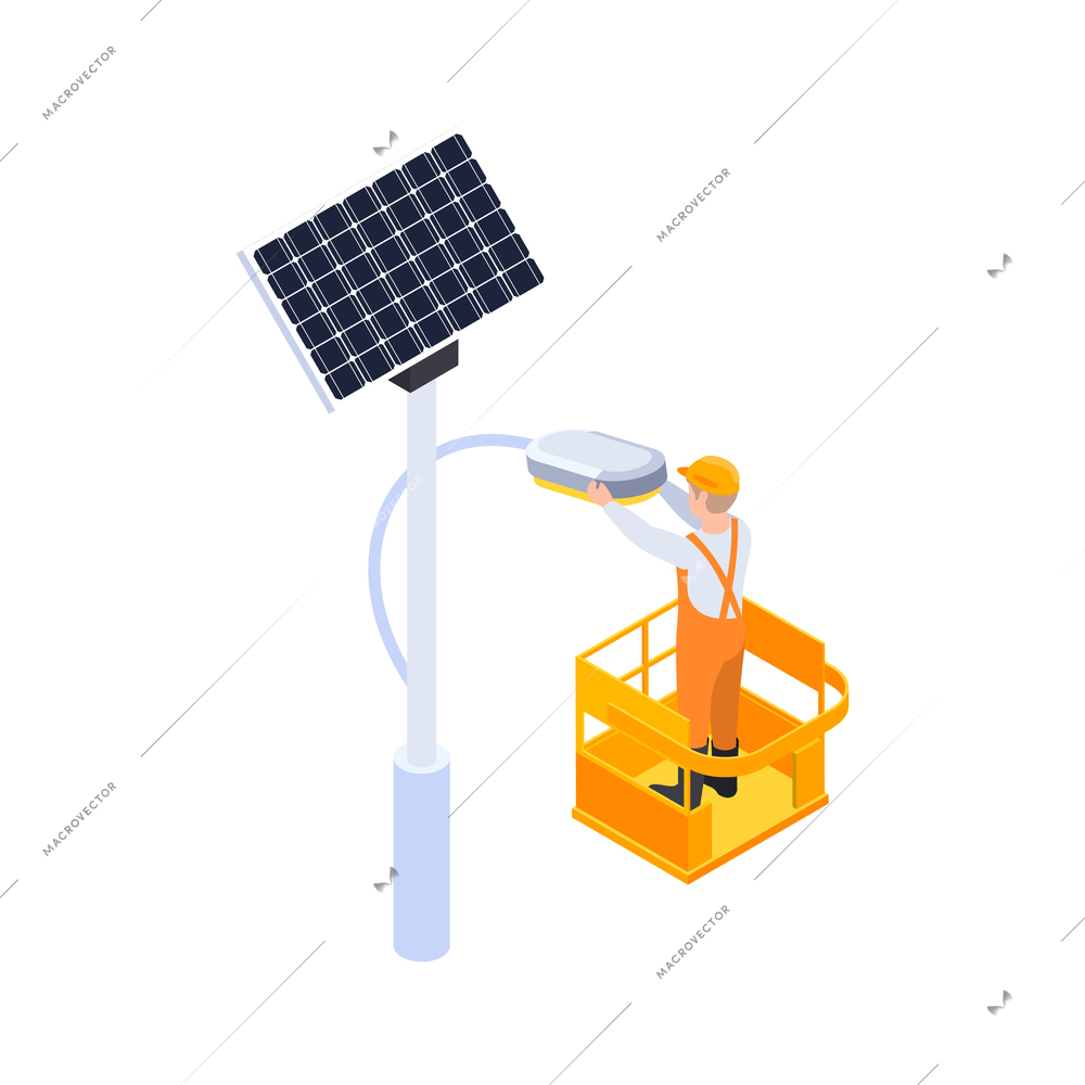 Electricity isometric icons composition with isolated image of electrician working with lamp post with solar battery vector illustration